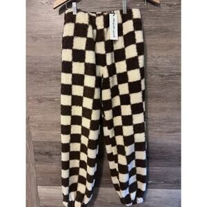 Pretty Garbage Brown & Cream Checkered Fleece Pants Size Small New Streetwear